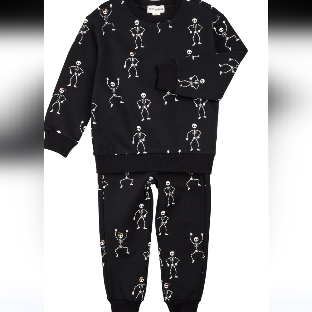 Miles The Label Black Skeleton Print Sweatshirt and Pants Set Various Sizes